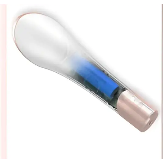 Clear glass microphone with blue internal component and metallic finish in xpreen wireless blue light acne therapy device