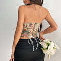 Floral patterned y2k floral print tube corset top with lace up back and white ties featuring a sweetheart neckline