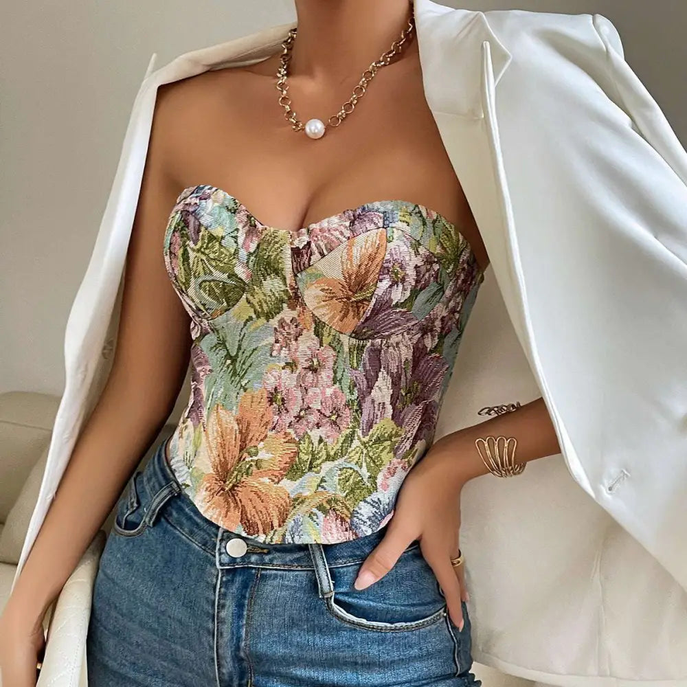 Y2k floral print tube corset top in soft pastel tones with intricate embroidery and sweetheart neckline design