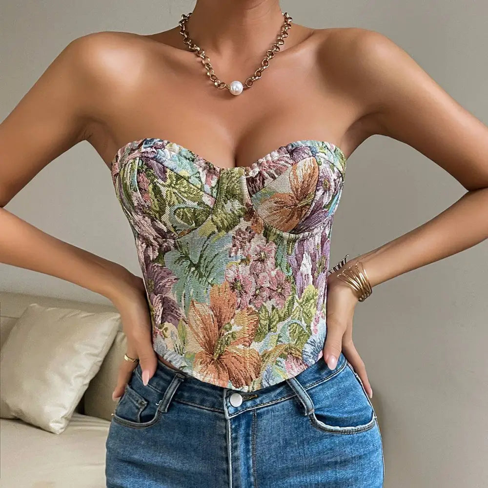 Y2k floral print tube corset top with a sweetheart neckline in muted pastel tones and textured fabric design