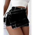 Black denim mini skirt with layered overlapping design and white stitching details in y2k street vintage denim skorts style
