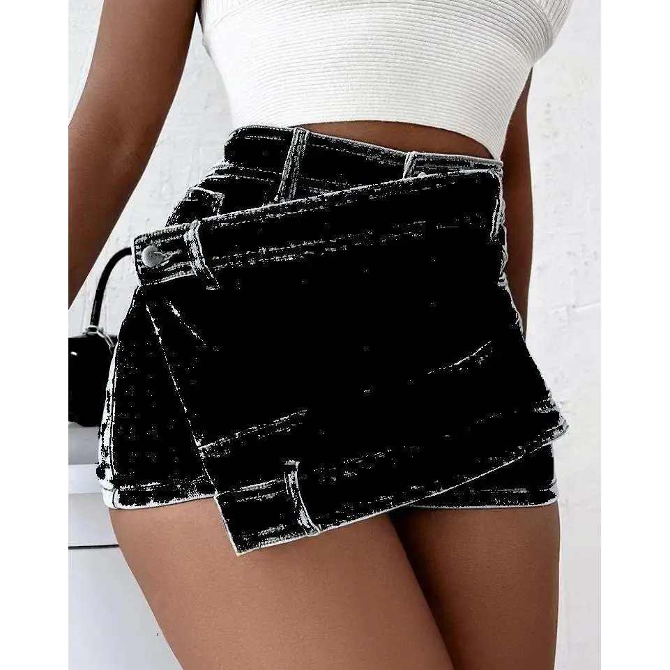 Black denim mini skirt with layered overlapping design and white stitching details in y2k street vintage denim skorts style