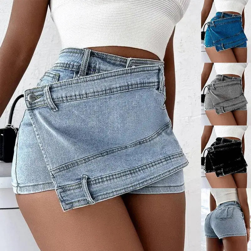 Light-wash denim skorts with layered asymmetrical design and front flap pockets y2k street vintage style