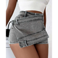 A stylish gray denim skorts mini skirt with high waist and asymmetrical hemline in y2k street vintage style