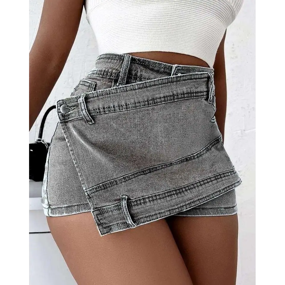 A stylish gray denim skorts mini skirt with high waist and asymmetrical hemline in y2k street vintage style