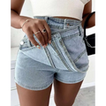 Light-wash denim skorts with a high-rise waist and distinctive back pocket design in y2k street vintage style