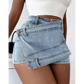 Light-wash denim y2k street vintage asymmetrical denim skorts mini skirt with layered design and visible stitching
