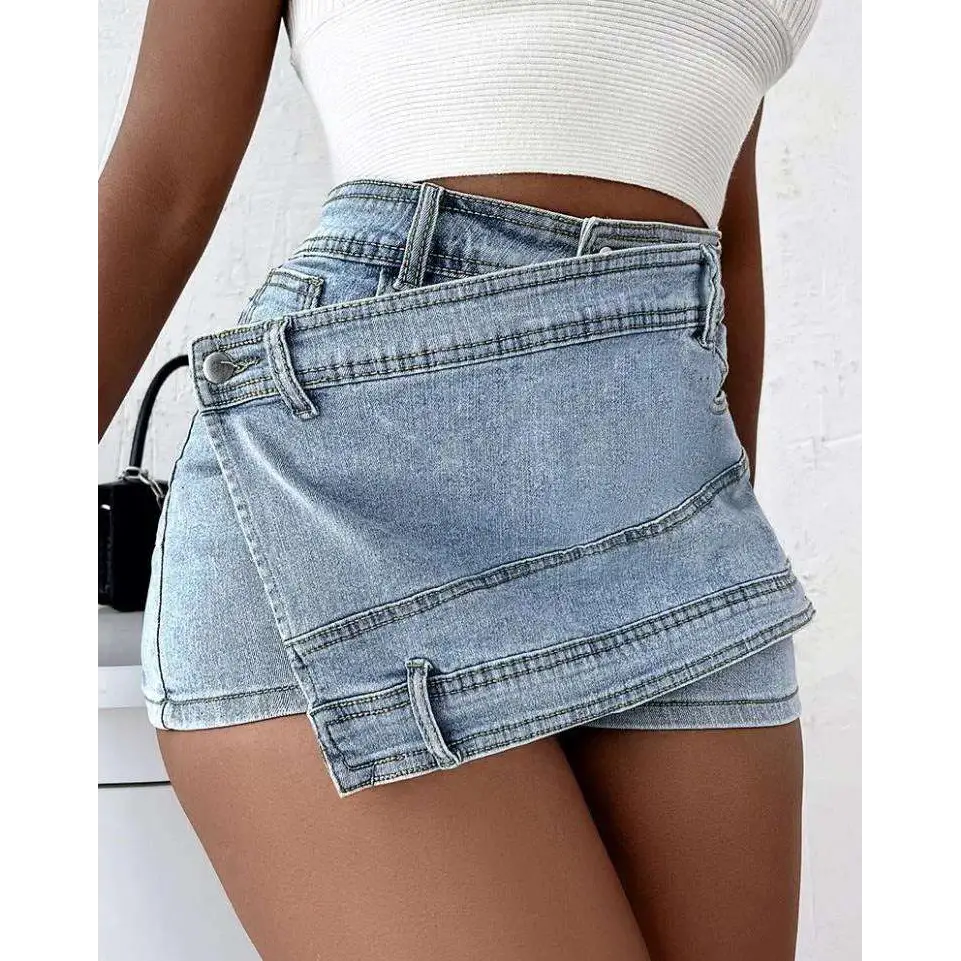 Light-wash denim y2k street vintage asymmetrical denim skorts mini skirt with layered design and visible stitching
