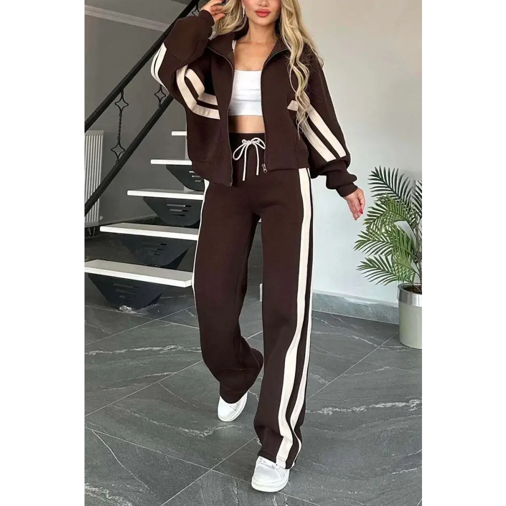 Brown y2k striped zip jacket casual sportssuit with white stripes down sleeves and legs perfect for casual wear