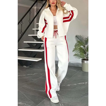 White and red y2k striped zip jacket casual sportssuit with hoodie and matching striped zip tracksuit pants