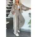 Gray y2k striped zip tracksuit featuring a zip-up jacket casual sportssuit with white stripes on sleeves and legs