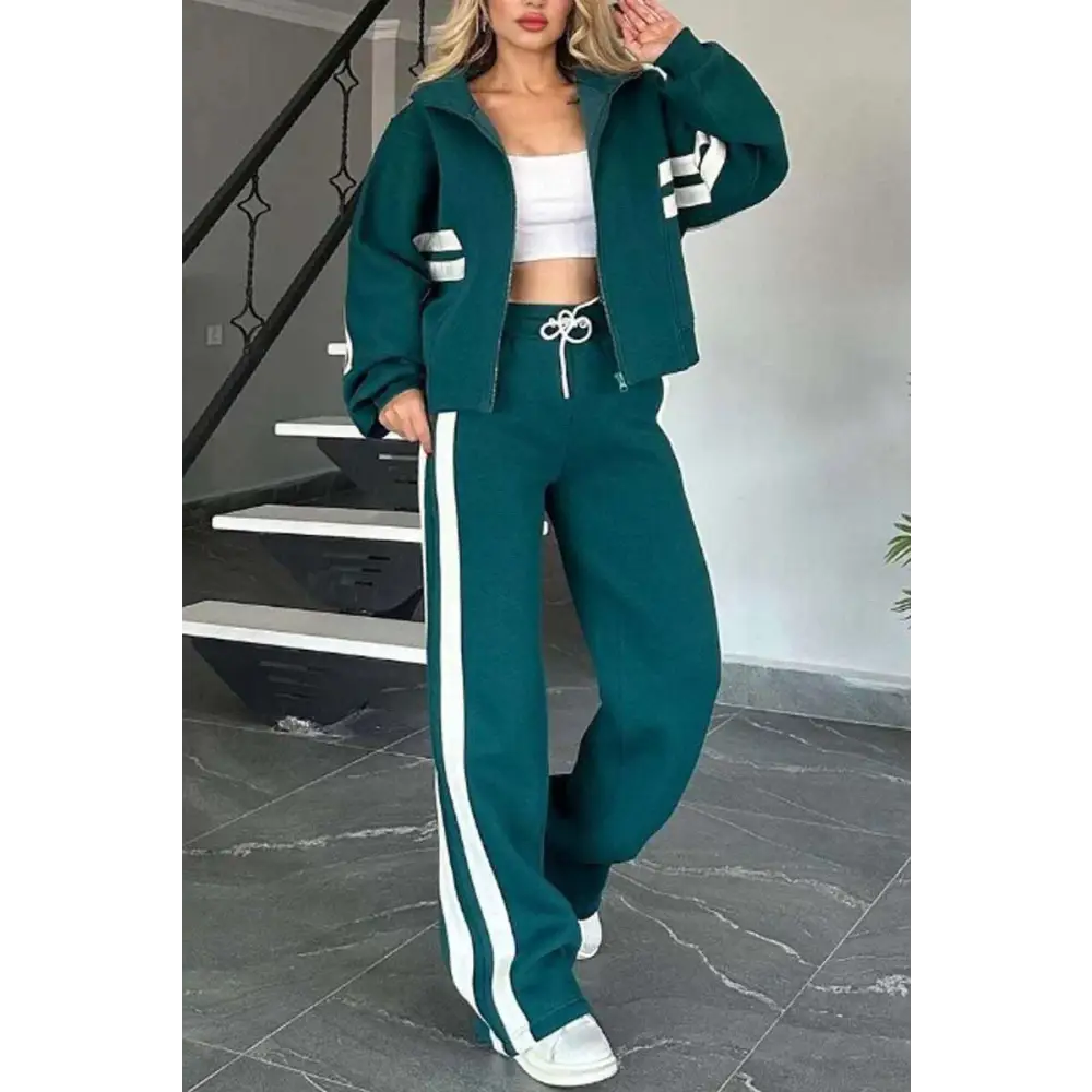 Emerald green y2k striped zip jacket casual sportssuit with white side and sleeve stripes for a stylish look