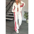 Y2k striped zip white and red jacket casual sportssuit with zip-up hoodie and matching striped zip tracksuit pants
