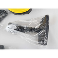 Black plastic foot pedal with coiled spring in clear packaging for yellow and black handheld steam cleaner with flexible nozzle