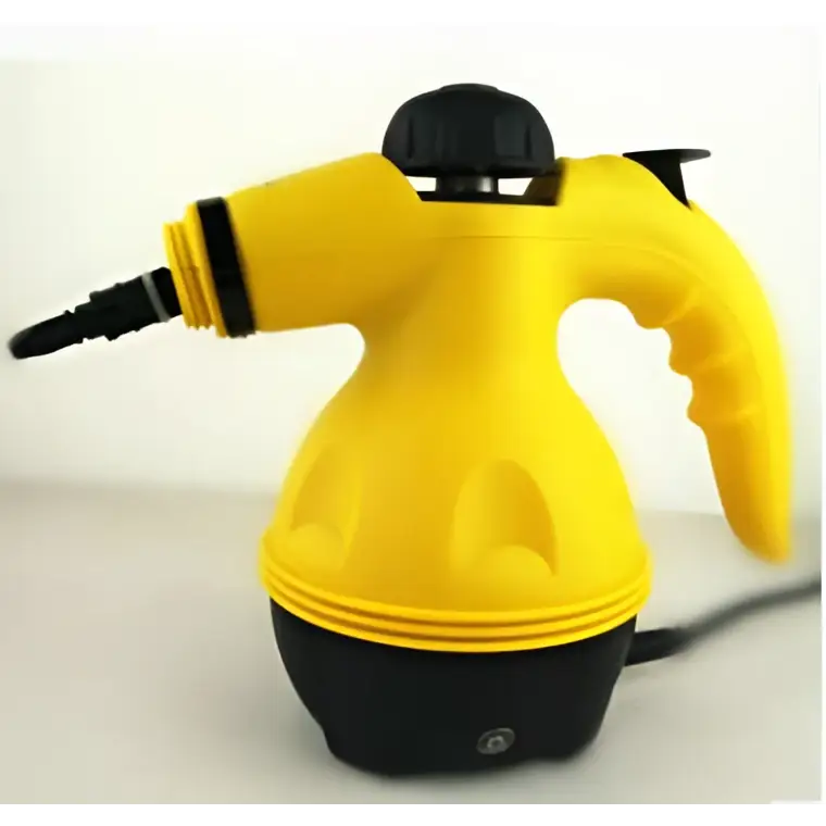 Yellow and black handheld steam cleaner with ergonomic grip and flexible nozzle ideal for luxury women’s fashion care