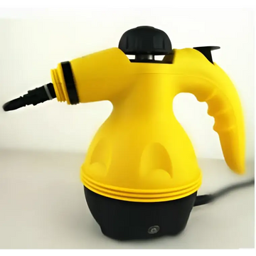 Yellow and black handheld steam cleaner with ergonomic grip and flexible nozzle ideal for luxury women’s fashion care