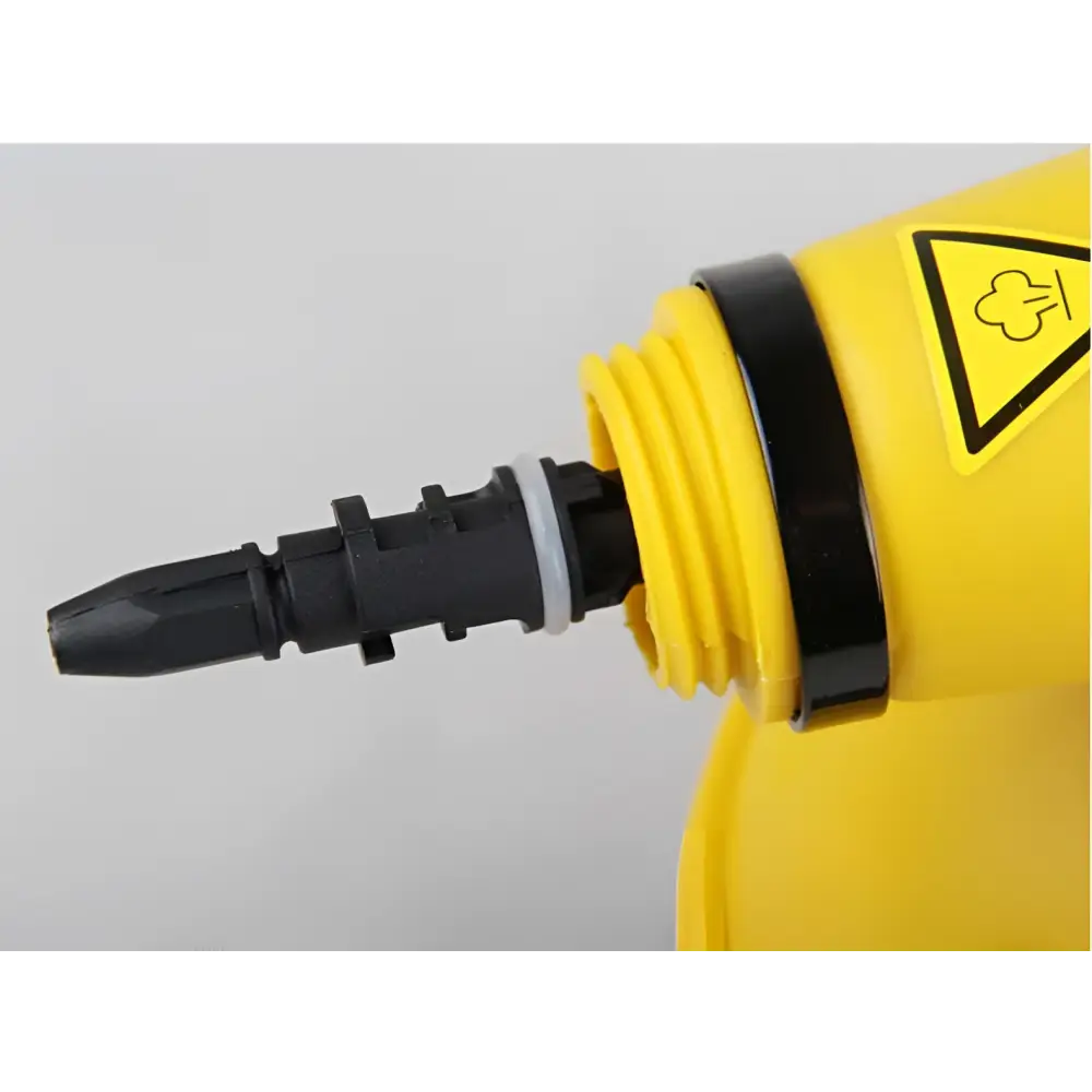 Yellow and black handheld steam cleaner with yellow plastic flexible nozzle and black threaded connector for luxury women’s fashion care