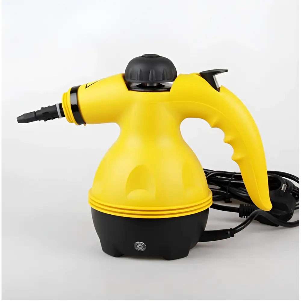Yellow and black handheld steam cleaner with ergonomic plastic body and flexible nozzle ideal for luxury women’s fashion care