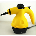 Yellow and black handheld steam cleaner with textured grip handle and flexible nozzle ideal for luxury women’s fashion care