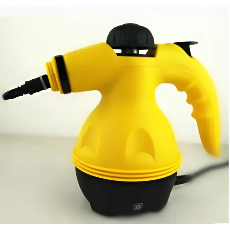 Yellow and black handheld steam cleaner with textured grip handle and flexible nozzle ideal for luxury women’s fashion care