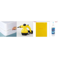 Yellow and black handheld steam cleaner with flexible nozzle designed for effective cleaning in luxury women’s fashion care