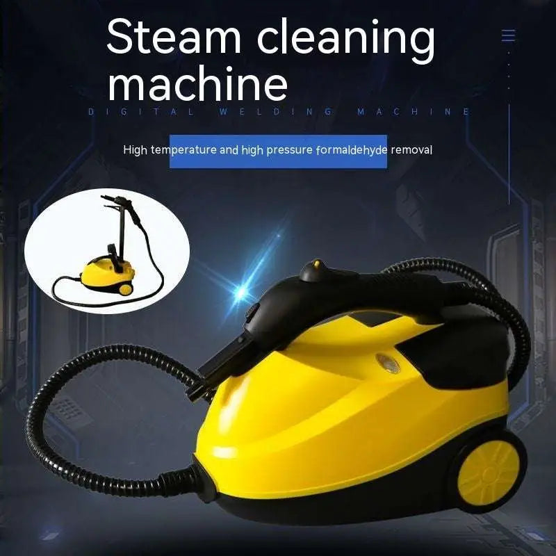 Yellow and black steam cleaner with coiled hose and wheels featured with kitchen appliances and car cover color theme
