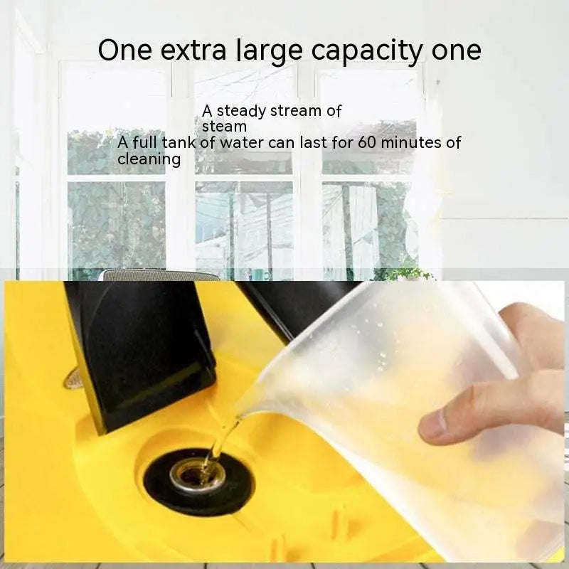 Yellow and black steam cleaner with transparent water tank being filled matching car cover color and black kitchen appliances