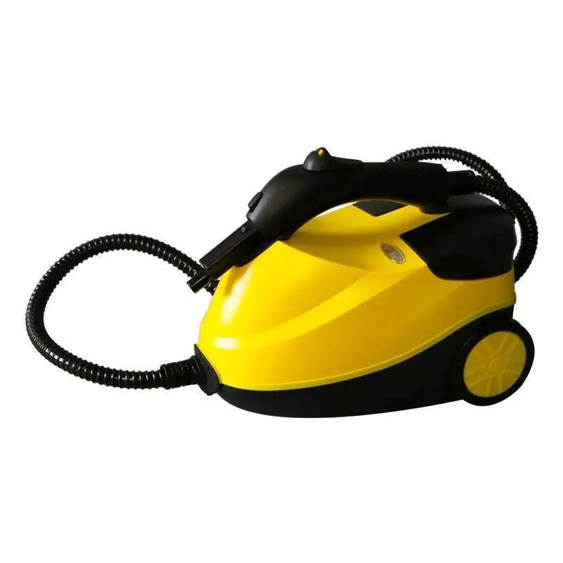 Yellow and black handheld steam cleaner with coiled hose and wheels suitable for use with black kitchen appliances car cover color