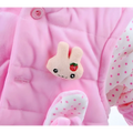 Pink quilted baby autumn clothing snowsuit with plush yellow bunny fleece patch and matching polka-dotted mittens