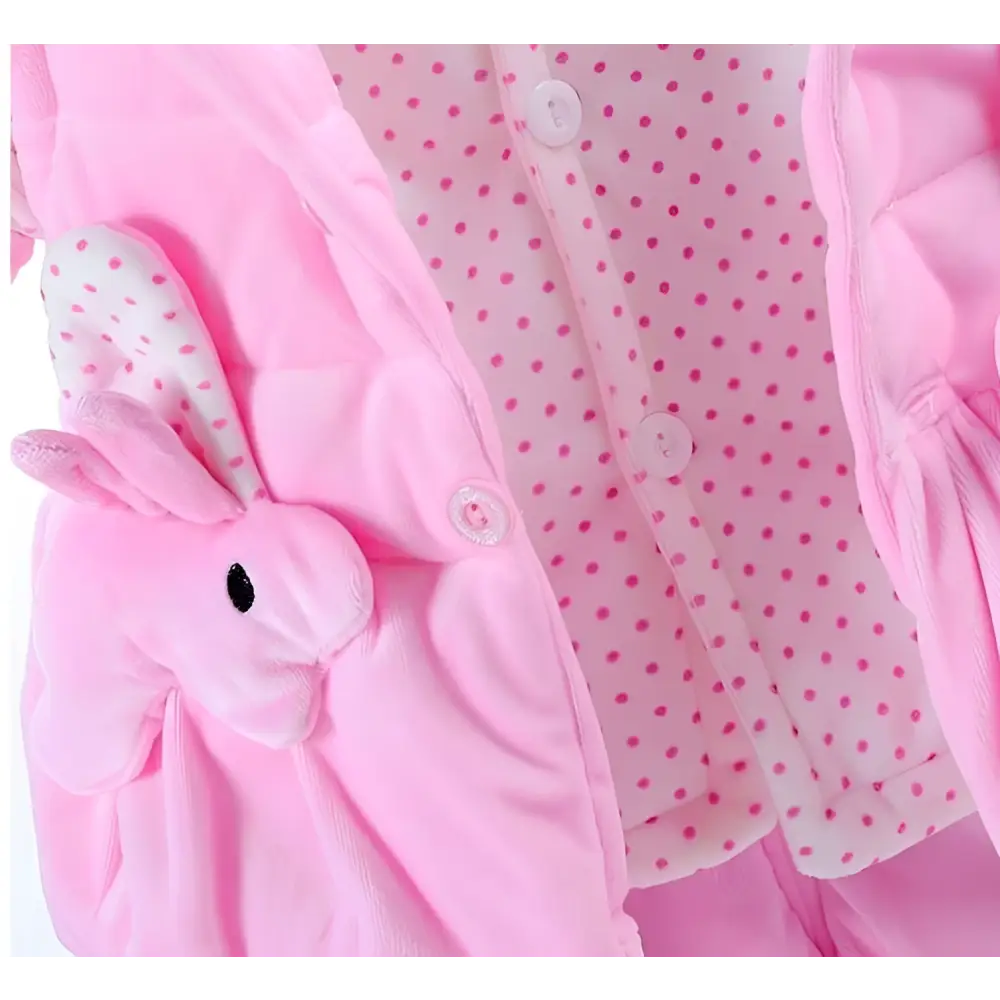 Pink plush bunny appliqué on soft pink velvety fabric enhances yellow bunny fleece baby autumn clothing girls suit