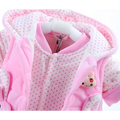 Pink polka-dot baby snowsuit with plush pink trim and embroidered strawberry patch for baby autumn clothing girls suit
