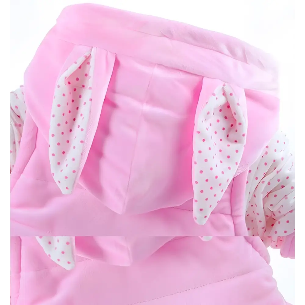Yellow bunny fleece baby autumn clothing girls suit with pink bunny-ear hood and soft plush fabric with polka-dotted lining