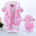 Pink bunny-themed baby autumn clothing girls suit in plush fabric with polka dot accents and yellow bunny fleece detail