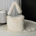 Yellow checkerboard plush bucket bag in off-white faux fur with plush handle and pearl chain design strap