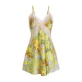 Yellow floral satin cross lace nightdress with delicate green floral print and lace trim along neckline and straps