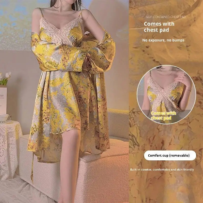 Yellow and silver floral satin cross lace nightdress with lace trim in satin cross fabric for elegant nightwear