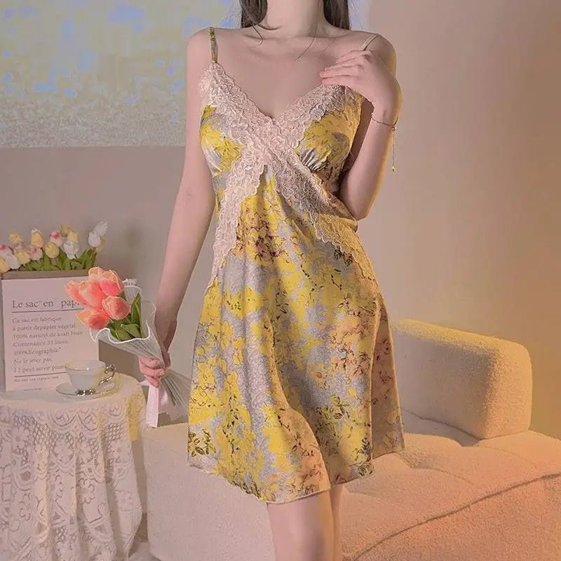 Yellow floral satin cross lace nightdress featuring delicate lace trim and thin spaghetti straps for elegant sleepwear