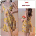 Yellow floral satin cross lace nightdress with delicate lace trim and thin spaghetti straps for elegant nightwear
