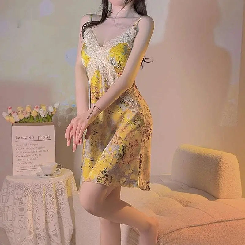 Yellow and silver floral satin cross lace nightdress with lace trim in satin cross fabric for elegant nightwear