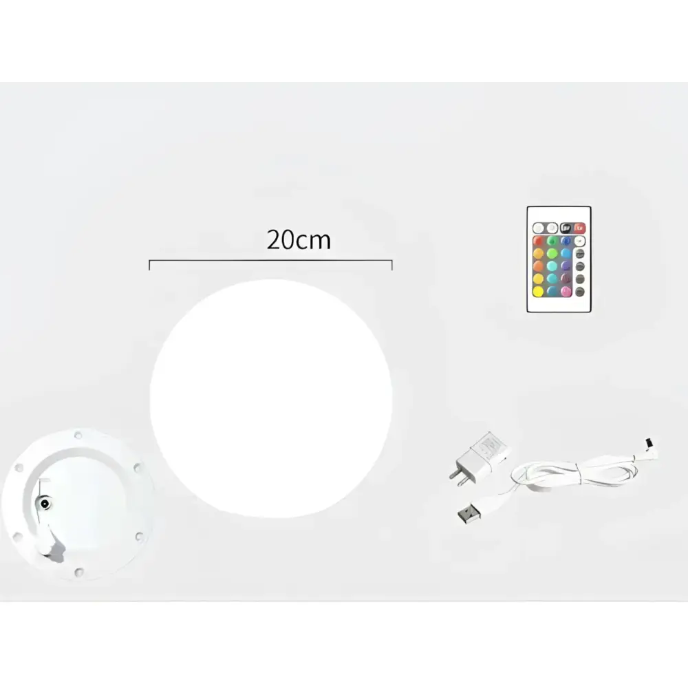 White circular led light fixture 20cm diameter with remote and power adapter for glowing spherical outdoor use
