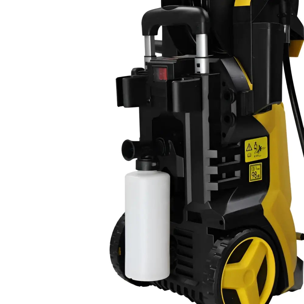 Yellow high pressure cleaning machine with retractable hose and white detergent tank for efficient pressure cleaning