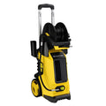 Yellow and black pressure cleaning machine with retractable hose reel handle and wheels for efficient pressure cleaning