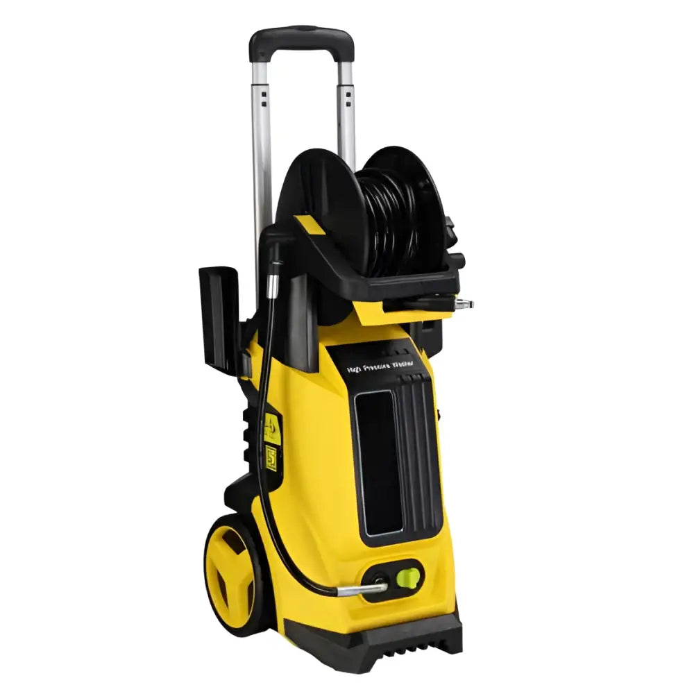 Yellow and black pressure cleaning machine with retractable hose reel handle and wheels for efficient pressure cleaning