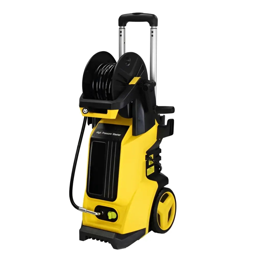 Yellow kärcher pressure cleaning machine with retractable hose reel wheels and extendable handle for efficient pressure cleaning