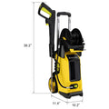 Yellow high pressure cleaning machine with retractable hose reel handle and wheels for efficient pressure cleaning