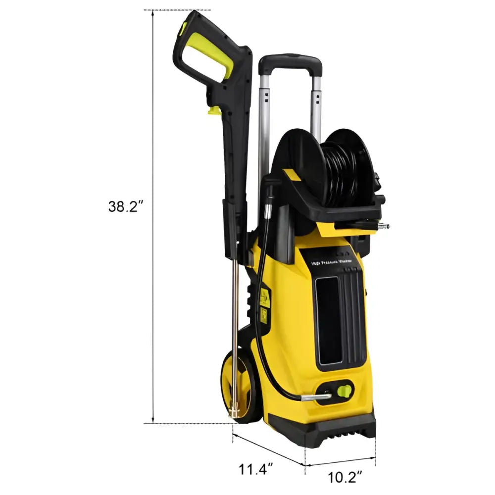 Yellow high pressure cleaning machine with retractable hose reel handle and wheels for efficient pressure cleaning