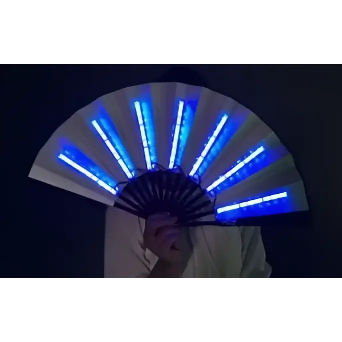 Yellow led folding fan with glowing blue led light fan and white paper-like surface with black ribs for fan dancing lights