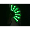 Yellow led folding fan dancing lights with green led light fan segments and a dark central handle for performance use
