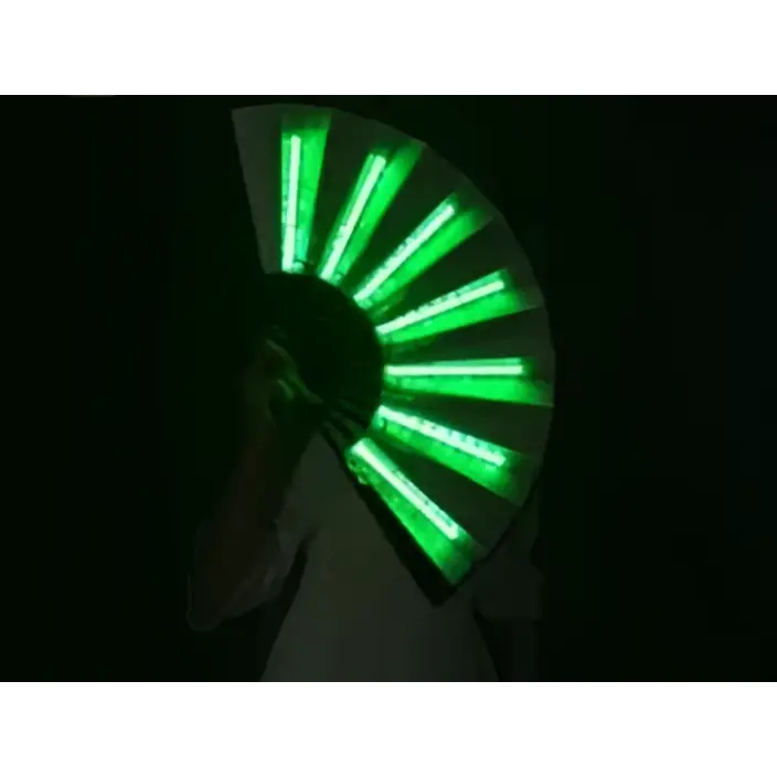 Green led light fan with glowing segments and dark handle featured in yellow led folding fan dancing lights product