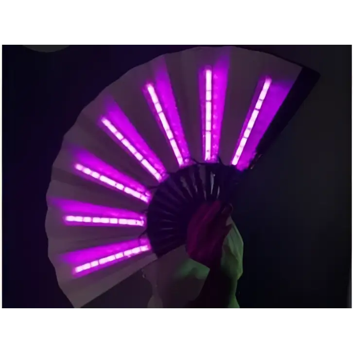 Purple led light fan with black handle and white folding blades featured in yellow led folding fan dancing lights product